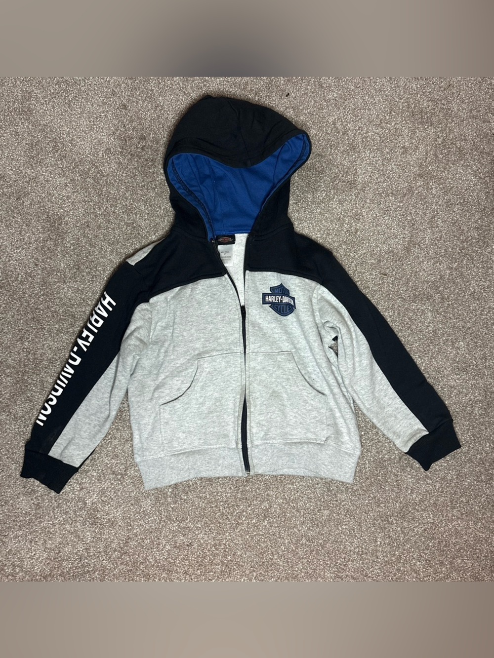 Harley-Davidson Gray and Black Boys Zip Hoodie with Blue Lining